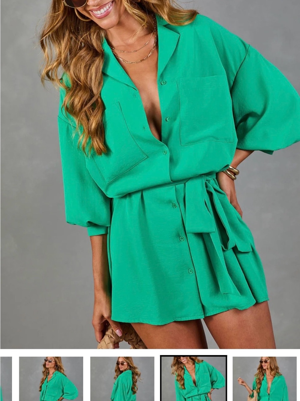 Vici Emerald Green Tie-Waist Shirt dress